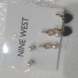 Nine West Gold Tone Heart And Simulated Pearl Trio Earring Set
